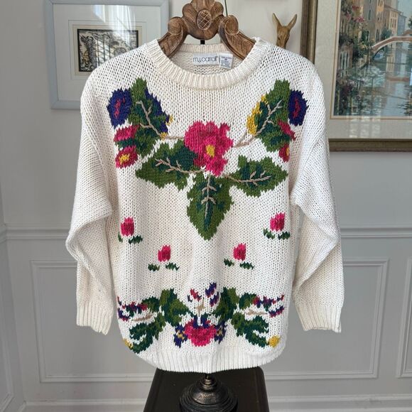 Vintage 90s MJ Carroll Flower Intarsia Knit Oversized Sweater M - Picture 1 of 9